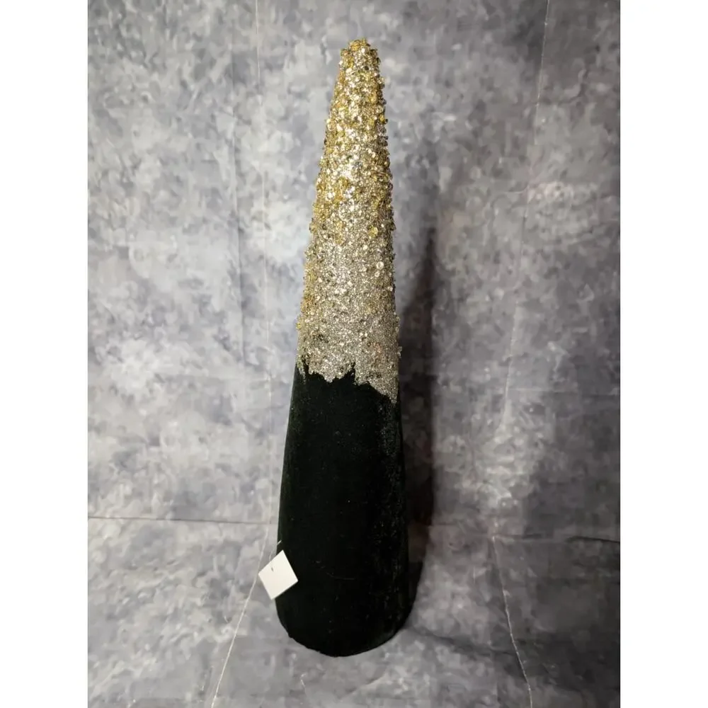 Beautiful Velvet Green Christmas Cone Tree Gold Glitter 18.5